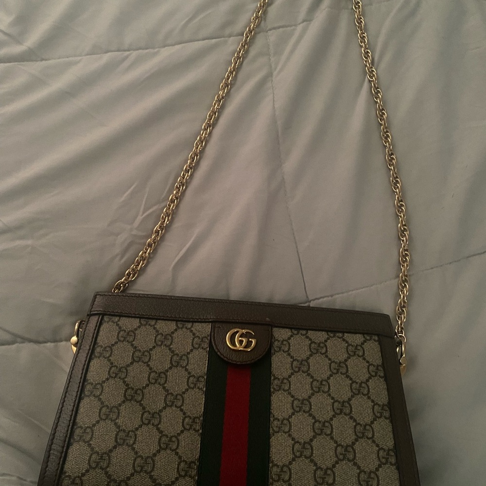 Gucci Monogram Beige and Brown Shoulder Bag with Gold Chain